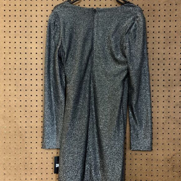 DKNY Wrap Dress Silver Metallic Long Sleeve Deep V-Neck Sz 8 Holiday New Years - Picture 8 of 8